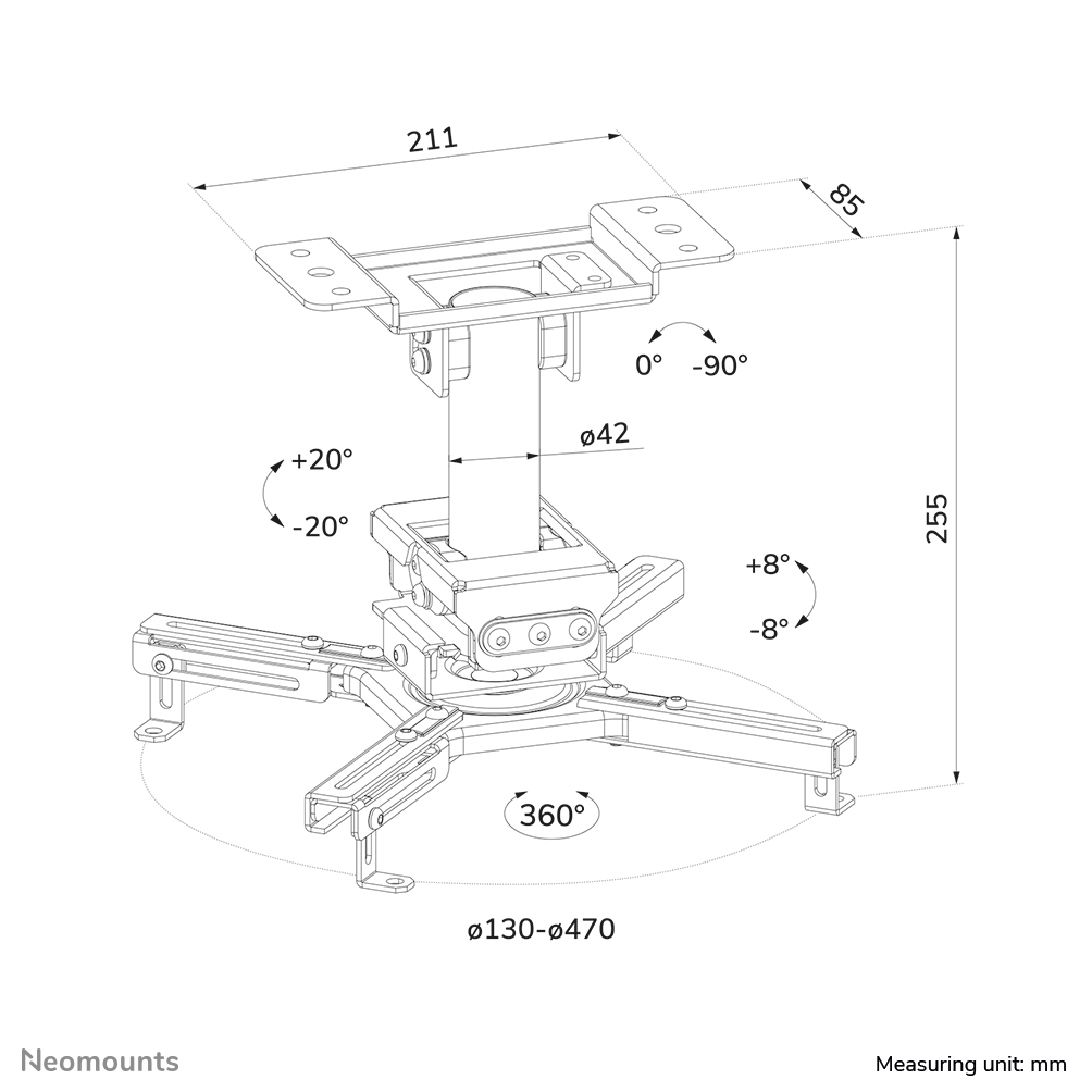 Neomounts CL25-530BL1 Support de plafond pour vidéoprojecteur - h 25.5 cm - installation facile - orientable